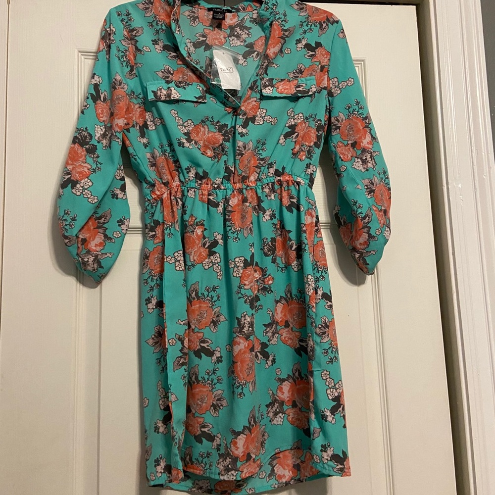 Teal Dress with Floral Pattern